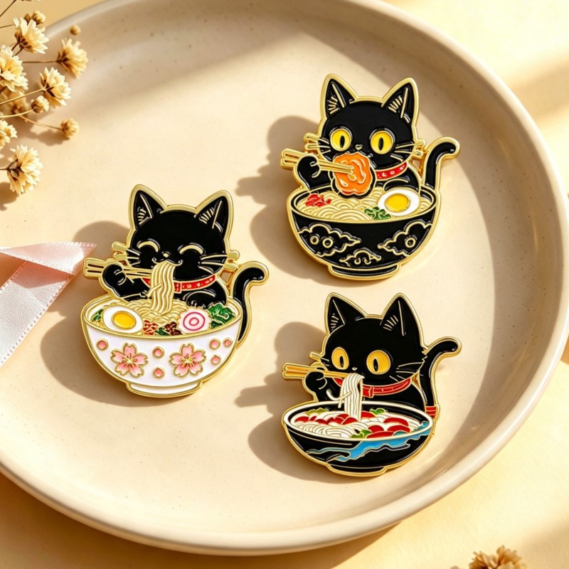 Lapel Pin Enamel - Cute Black Cat Eating Noodles Enamel